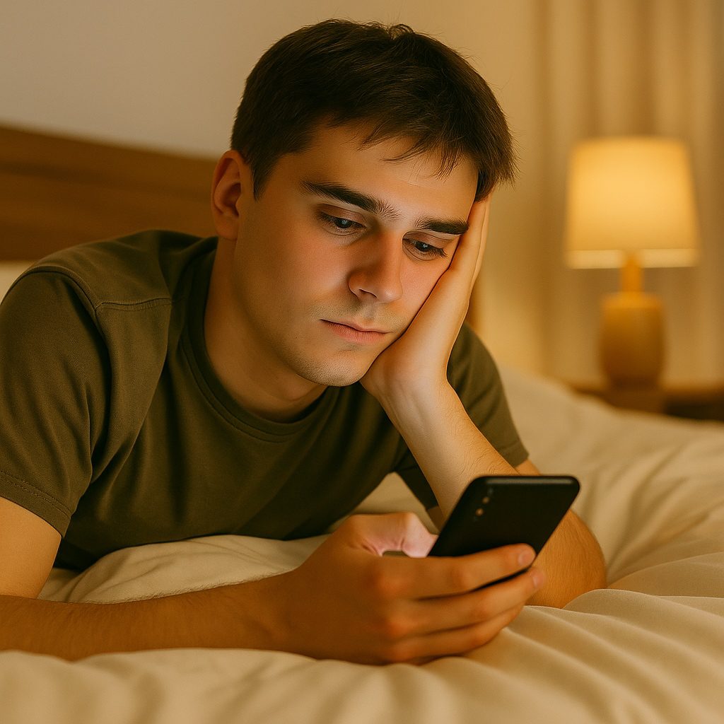 Young adult managing screen time and online overload challenges