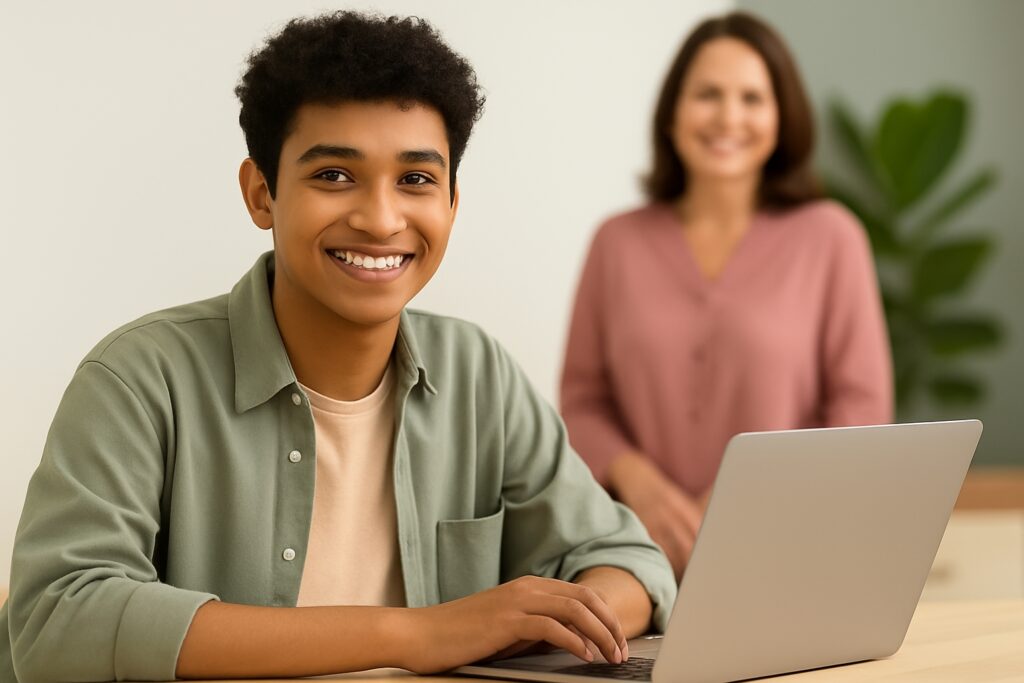 A smiling young adult sitting at a desk with a laptop, with a supportive parent in the background, representing confidence and progress through mentoring.